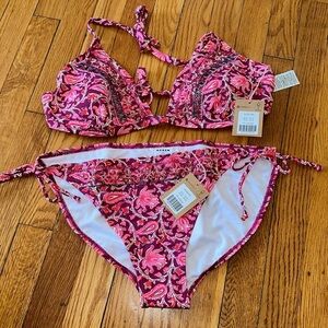 NWT Boden Beaded embellished bikini 2 piece set raspberry botanic vine pink
